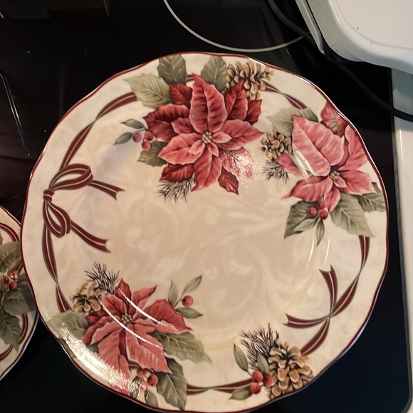 Yuletide Fine China Poinsettias & Pinecones 11”Platter and Cup & Saucer Set - Picture 2 of 4
